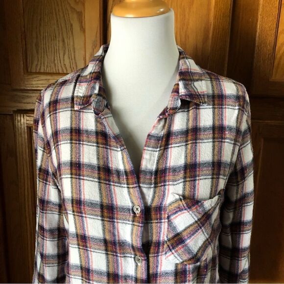 Anthropologie Cloth & Stone Blue Plaid Button Metallic Flannel Top - L - Picture 2 of 11